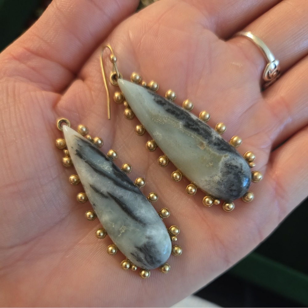 Darbie Angell Gold Tone Marbled Quartz Teardrop Dangle Earrings Beaded Trim